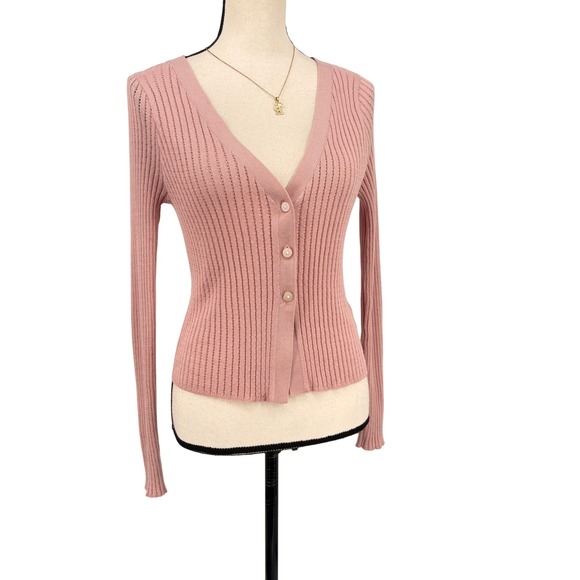 Wild Fable Pink Ribbed Knit Long Sleeve Button Up Cardigan Sweater - Picture 1 of 8